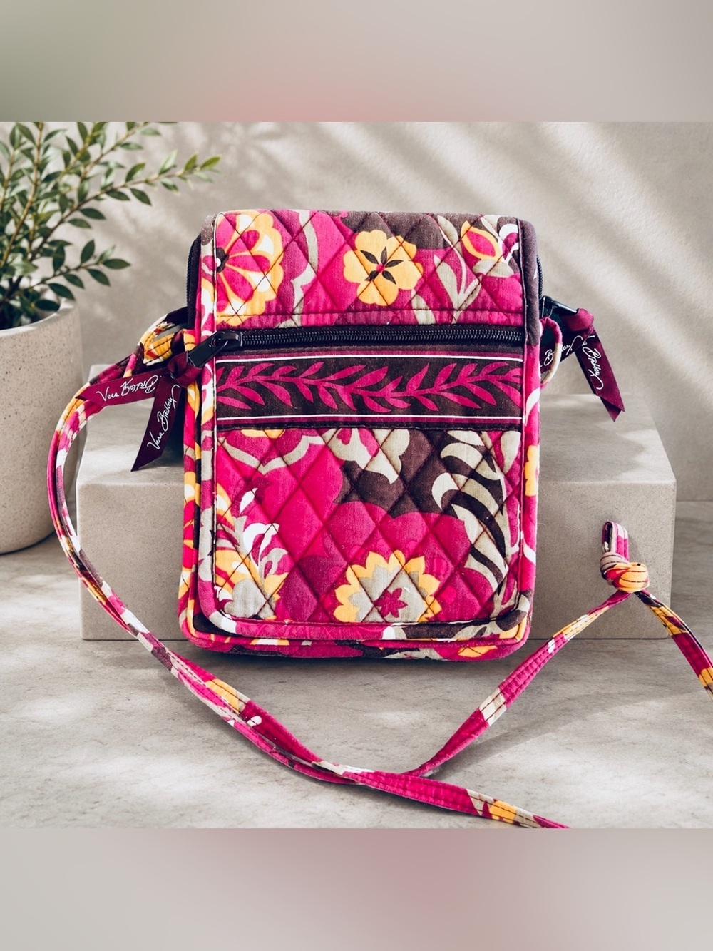 Vintage Vera Bradley Pink and Brown Quilted Crossbody Bag